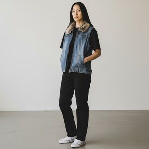 Baccini Denim Vest Faux-Fur Collar (removable) Zip Front Blue Size L S4